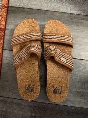 Reef Cork Dual-Striped Slide Sandals in Tan